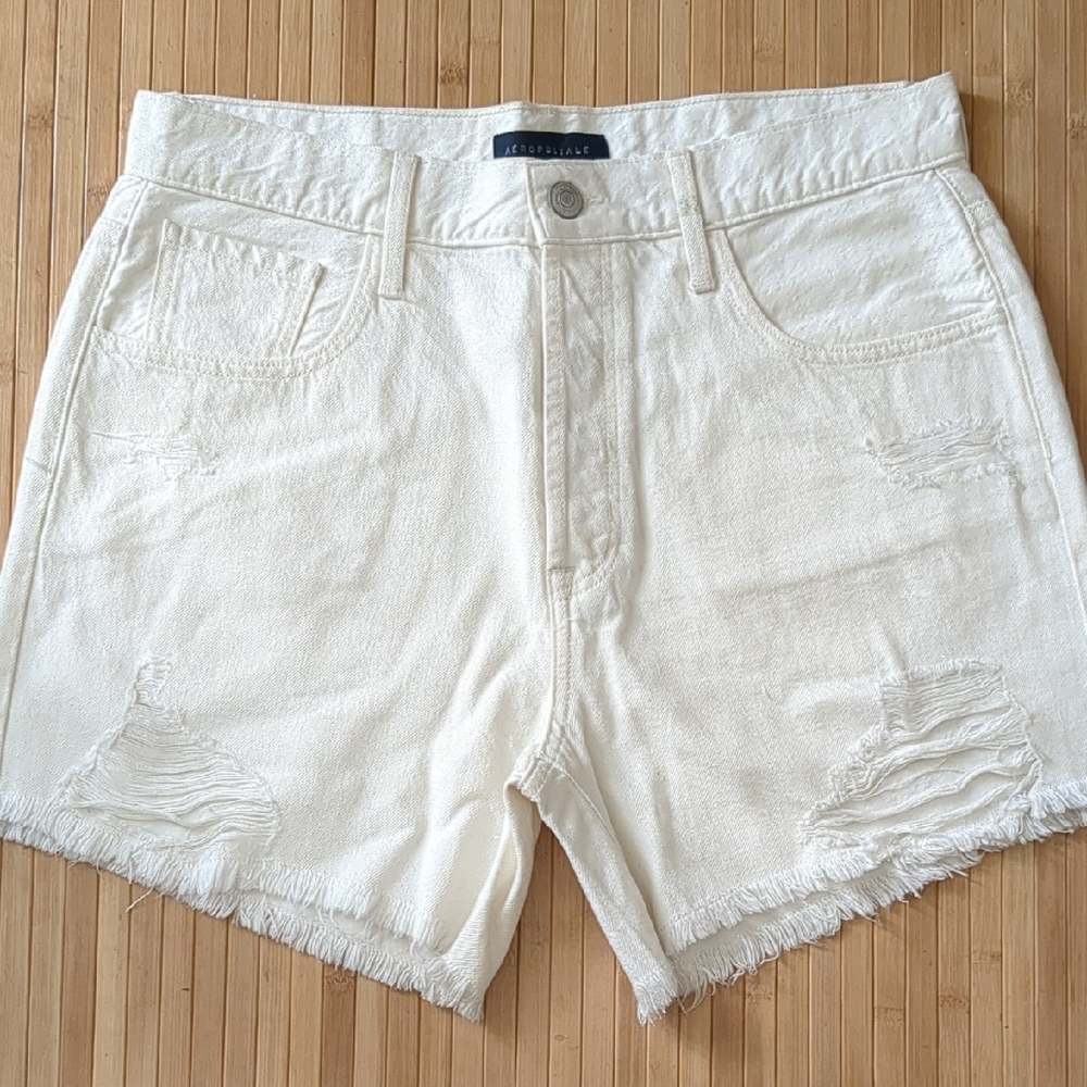 Aeropostale 90s High Rise Cut Off Distressed White Jean Shorts, Size 14